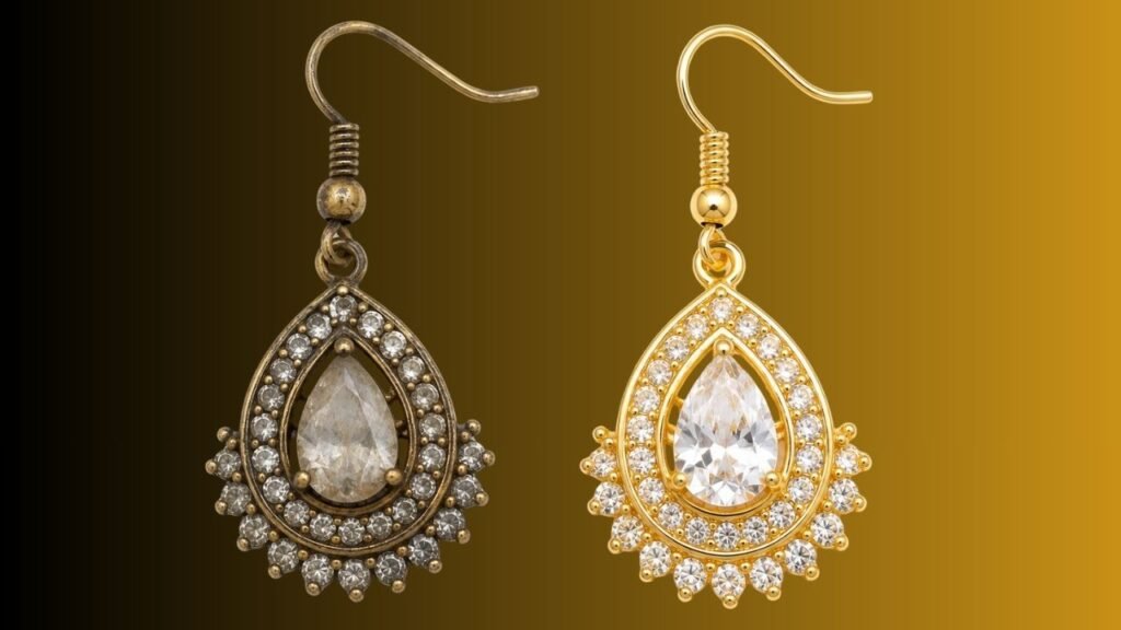comparison of dull and shiny artificial jewellery before polishing