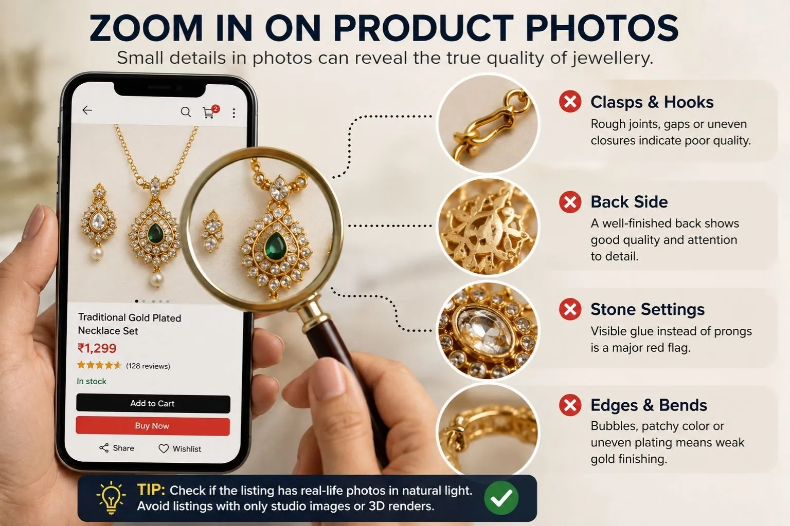 Checking jewellery clasps, stone settings and plating through product photos