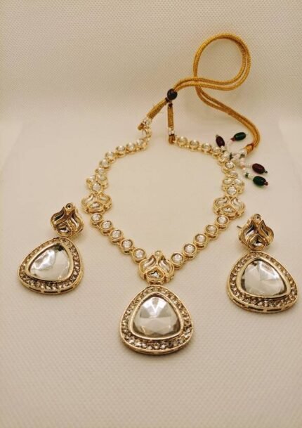 White & Golden Necklace & Earring with Gold Stud Pearl