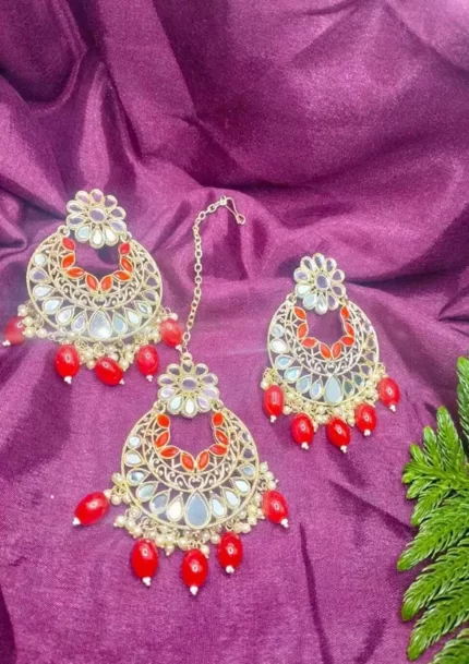 Traditional Earring & Maangtikka Set For Women/ Pearl Studded Chandbali Earrings and Maang Tikka Set Traditional Jewelry for Girls & Women