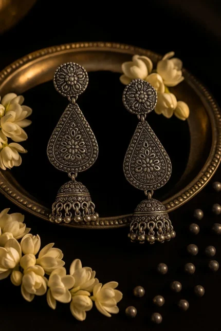 Oxidised Silver Brass Ethnic Earrings for Women and Girls
