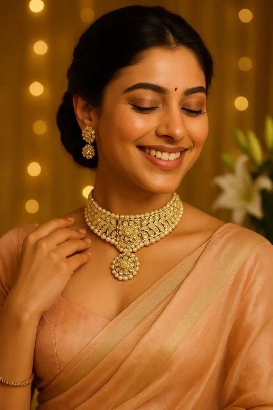 White & Golden Necklace & Earring with Gold Stud Pearl