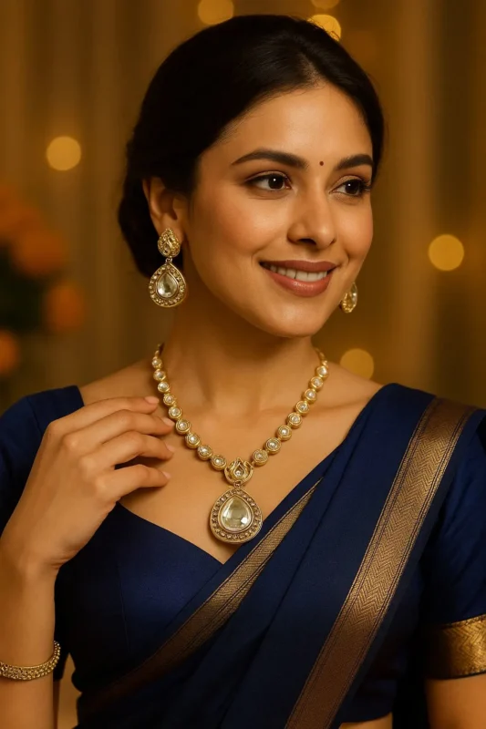 White & Golden Necklace & Earring with Gold Stud Pearl