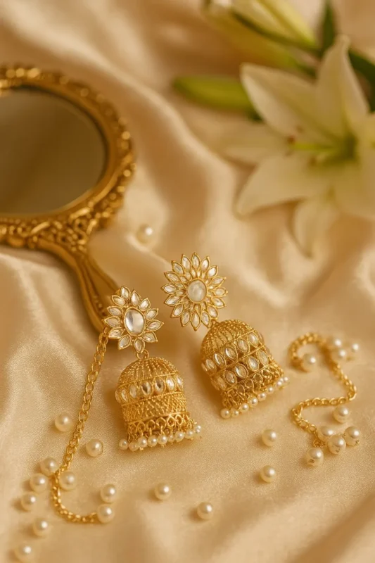 Placeholder White Pearl Earrings Stylish Golden and Crystals Earrings