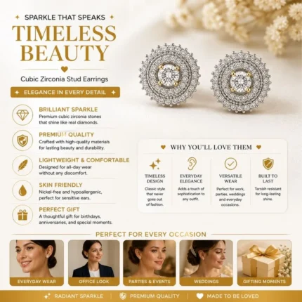 Elegant cubic zirconia stud earrings designed for timeless beauty and everyday elegance.