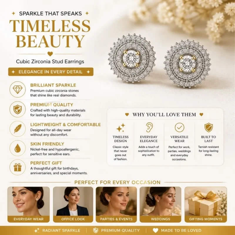 Elegant cubic zirconia stud earrings designed for timeless beauty and everyday elegance.