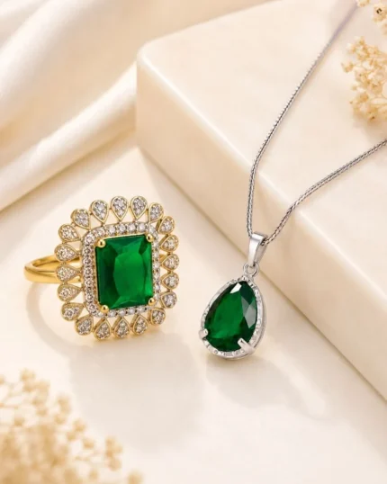 Elegant emerald green ring and pendant combo designed for timeless and stylish looks.