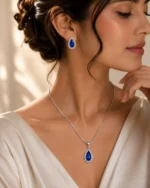 Silver-Plated American Diamond Blue Teardrop Pendant Set - Image 3