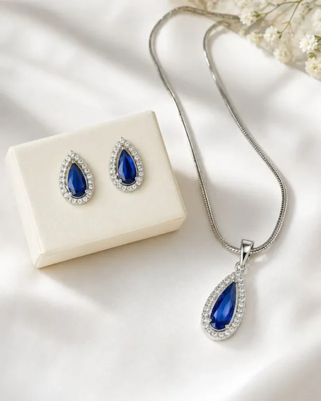 Elegant blue crystal drop Pendant necklace and earrings set for women by Mellafex