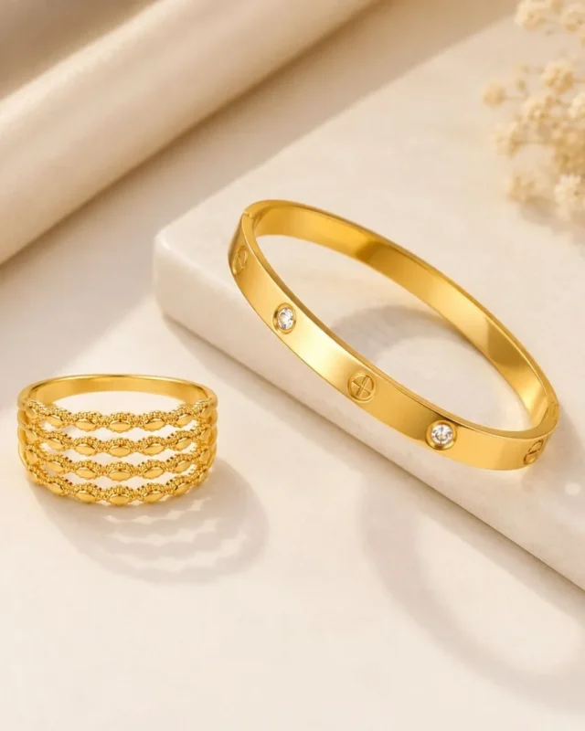 Elegant gold plated bracelet and layered ring combo set for women by Mellafex
