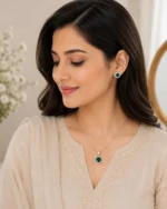 Elegant emerald green crystal pendant and earrings set for women by Mellafex
