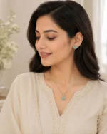 Elegant mint green crystal pendant and earrings set for women by Mellafex