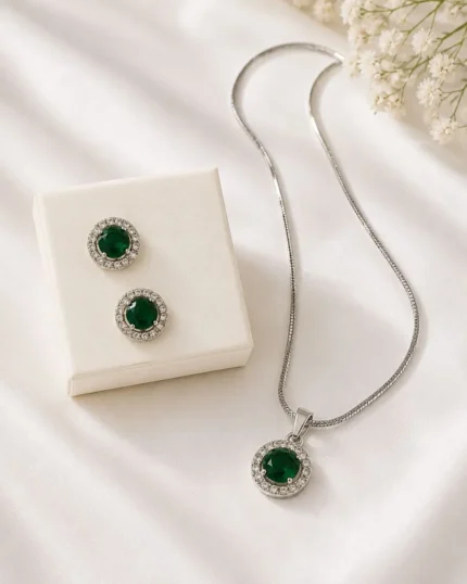 Elegant emerald green crystal pendant and earrings set for women by Mellafex
