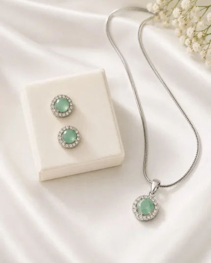 Elegant mint green crystal pendant and earrings set for women by Mellafex