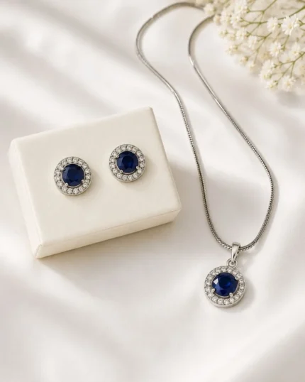 Elegant royal blue crystal pendant and earrings set for women by Mellafex