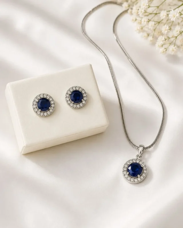 Elegant royal blue crystal pendant and earrings set for women by Mellafex