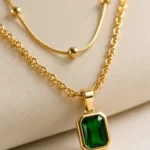 Emerald Green Rectangle double layerd chain Pendant Necklace Gold Plated Jewelry
