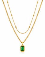 Emerald Green Rectangle double layerd chain Pendant Necklace Gold Plated Jewelry