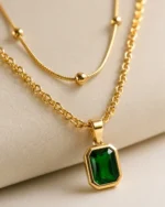 Emerald Green Rectangle double layerd chain Pendant Necklace Gold Plated Jewelry