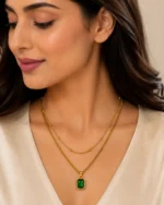 Emerald Green Rectangle double layerd chain Pendant Necklace Gold Plated Jewelry