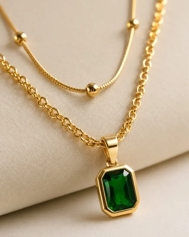 Emerald Green Rectangle double layerd chain Pendant Necklace Gold Plated Jewelry