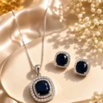 Silver-Plated American Diamond & Blue Stone Pendant Set