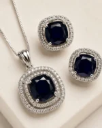 Silver-Plated American Diamond & Blue Stone Pendant Set - Image 2