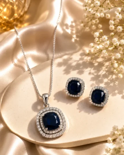 Silver-Plated American Diamond & Blue Stone Pendant Set