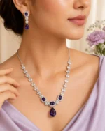 Party Wear American Diamond Purple Necklace Set for Women with Silver Plated Finish