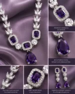 Party Wear American Diamond Purple Necklace Set for Women with Silver Plated Finish