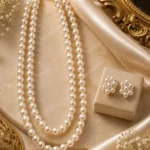 Pearl necklace and earring set styled on marble with gold accents, Mellafex jewellery