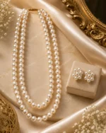 Pearl necklace and earring set styled on marble with gold accents, Mellafex jewellery